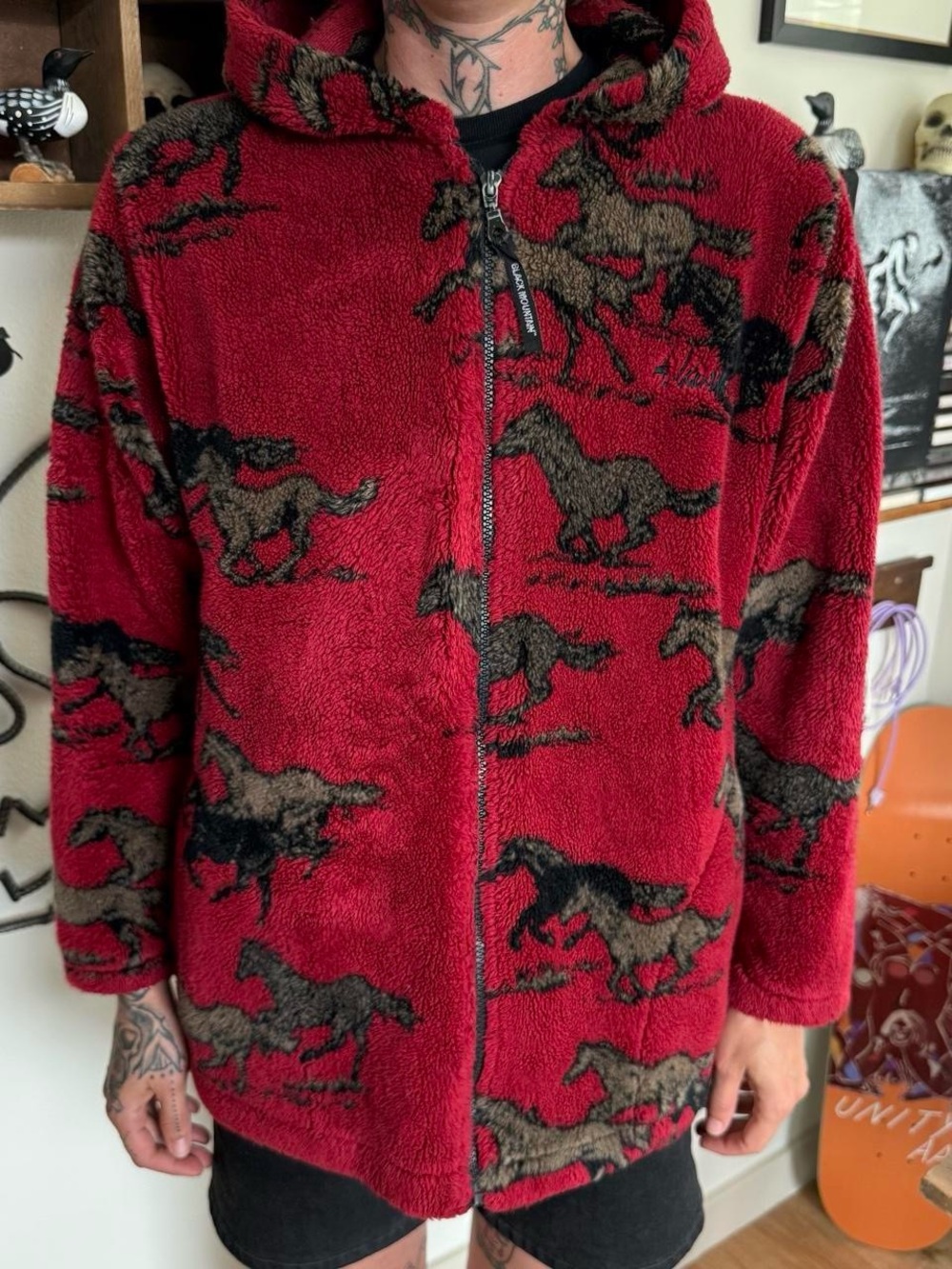 Vintage 90s Wild Horses AOP Fleece Zip Up Hoodie Black Mountain Outdoor ~ Size M